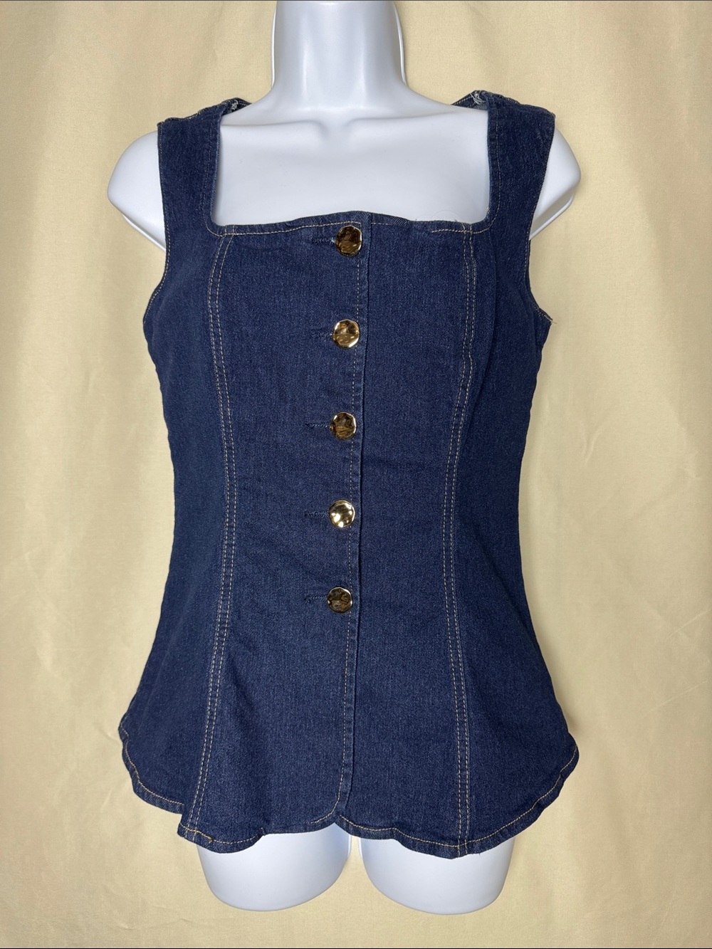 Denim Button-Front Tank Top - Dark Blue